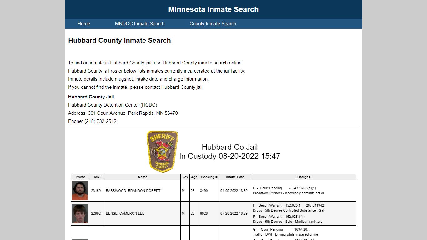 Hubbard County Inmate Search